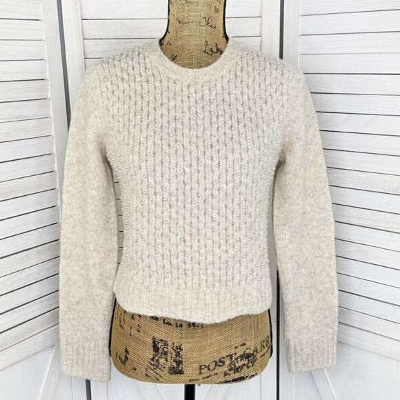 Zara Pearl Embellished Wool Blend Pullover Crop Sweater Beige Large - Picture 1 of 14